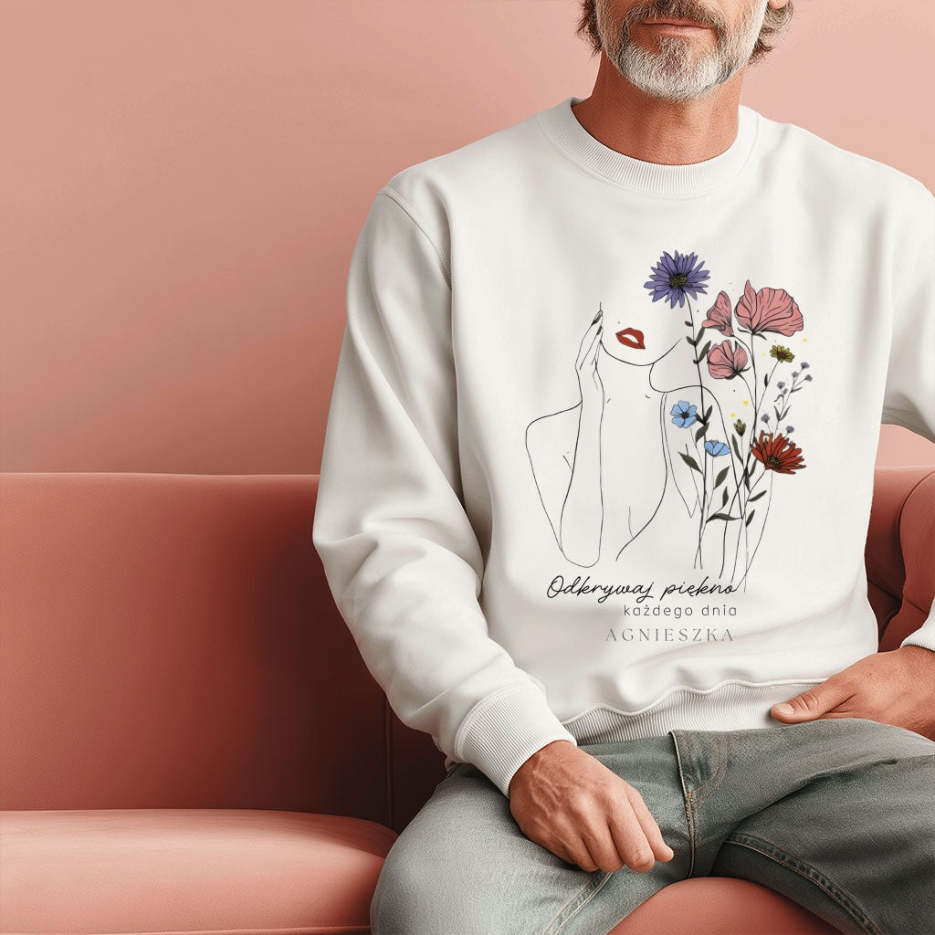 Personalizowana Bluza "Odkrywaj Piękno" – Twoje Imię, Estetyczny Line Art z Kwiatami, Wyjątkowy Prezent dla Niej