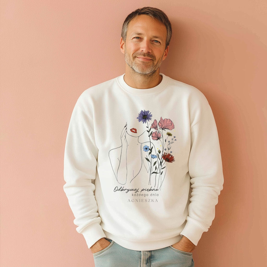 Personalizowana Bluza "Odkrywaj Piękno" – Twoje Imię, Estetyczny Line Art z Kwiatami, Wyjątkowy Prezent dla Niej