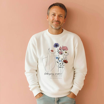 Personalizowana Bluza "Odkrywaj Piękno" – Twoje Imię, Estetyczny Line Art z Kwiatami, Wyjątkowy Prezent dla Niej