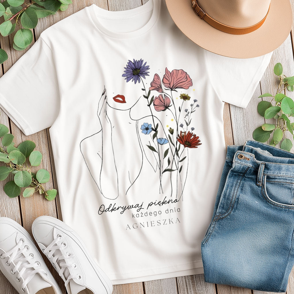 Personalizowana Bluza "Odkrywaj Piękno" – Twoje Imię, Estetyczny Line Art z Kwiatami, Wyjątkowy Prezent dla Niej
