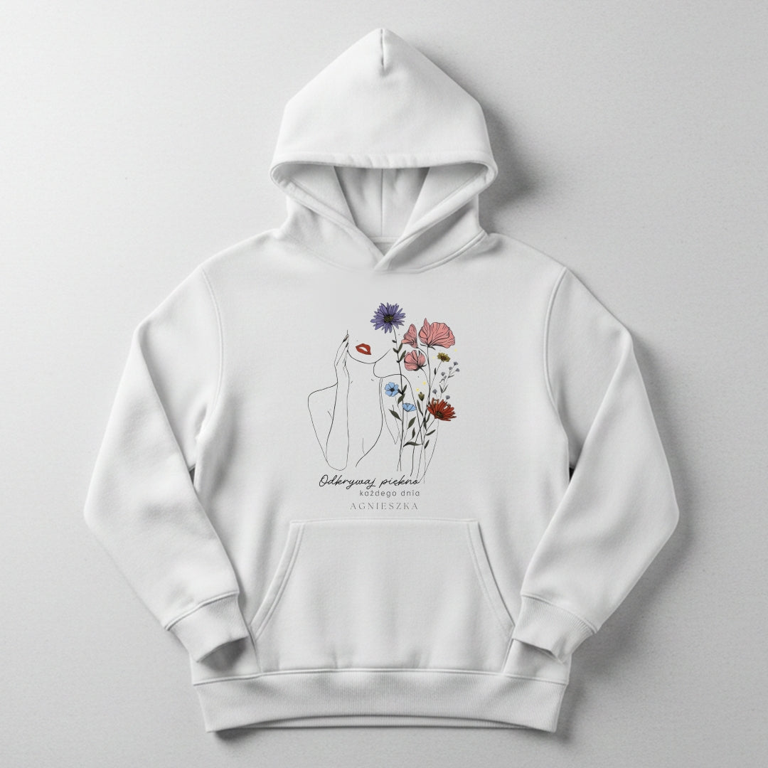 Personalizowana Bluza "Odkrywaj Piękno" – Twoje Imię, Estetyczny Line Art z Kwiatami, Wyjątkowy Prezent dla Niej