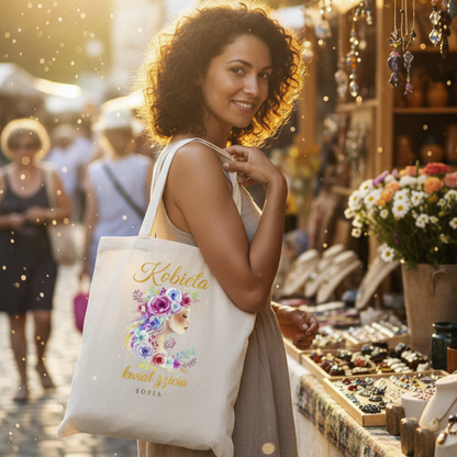 Personalizowana torba „Kobieta – Kwiat Życia” z imieniem – eko shopper damska – prezent dla kobiety
