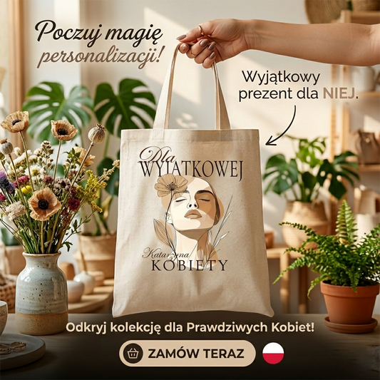 Personalizowana torba „Dla Wyjątkowej Kobiety” z imieniem – elegancka eko shopper – prezent dla niej