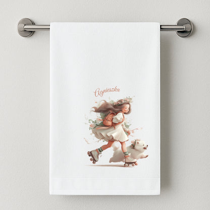 Spersonalizowany Ręcznik z Dziewczynką na Rolkach – Prezent z Imieniem dla Twojego Dziecka