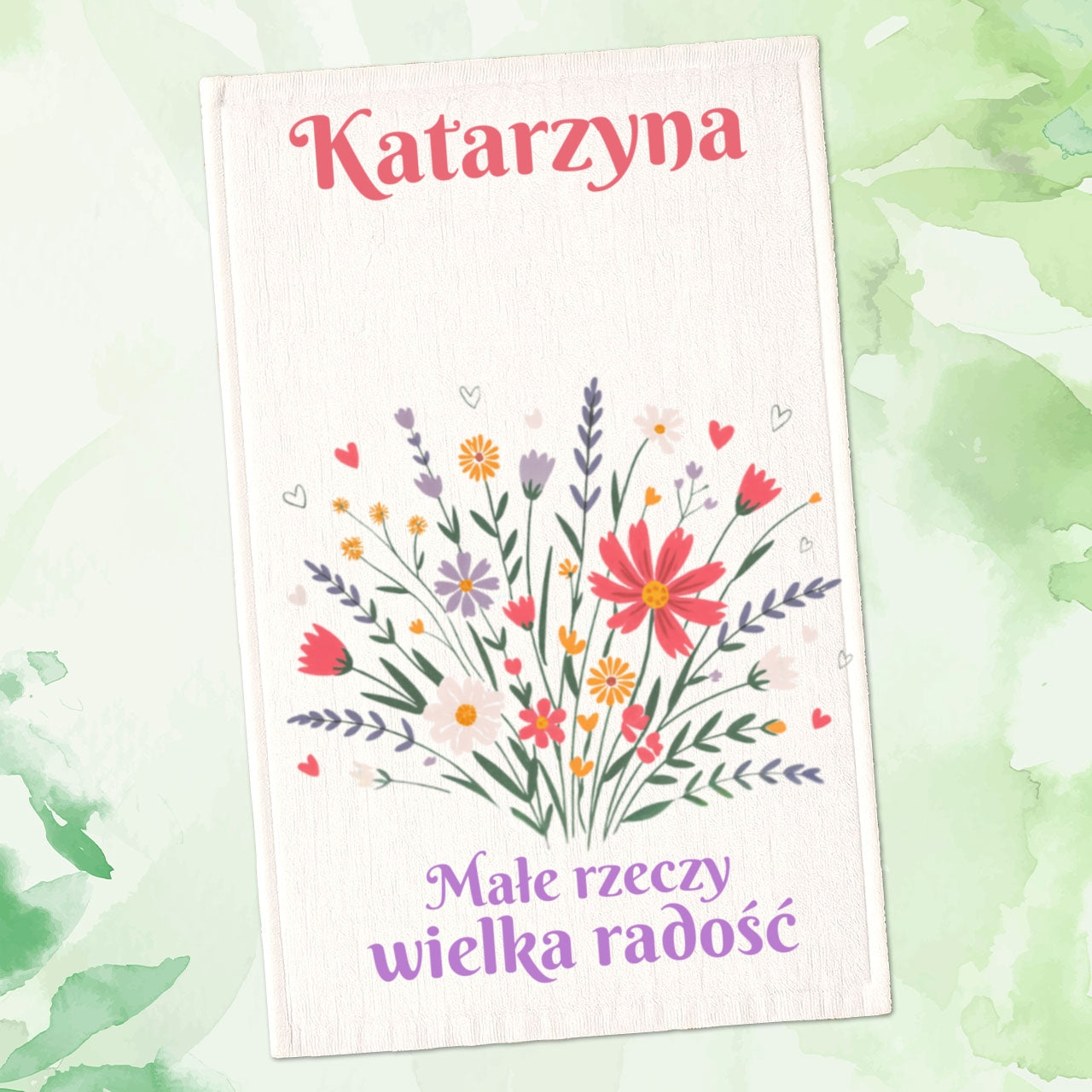 Spersonalizowany Ręcznik z Twoim Imieniem – Małe Rzeczy, Wielka Radość z Bukietem Kwiatów