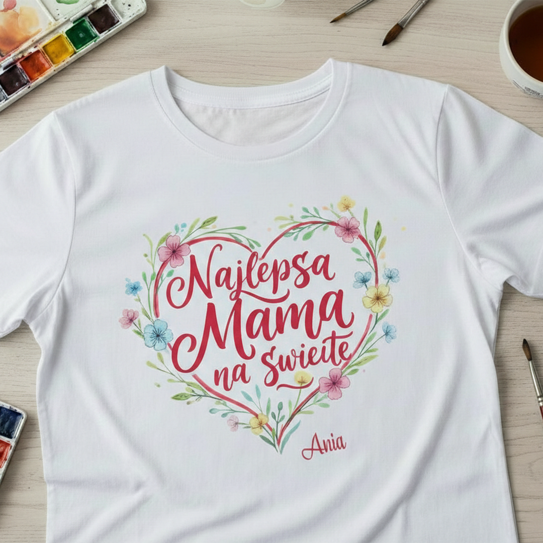 Personalizowana koszulka dla Mamy „Najlepsza Mama na świecie” z imieniem – prezent na Dzień Matki
