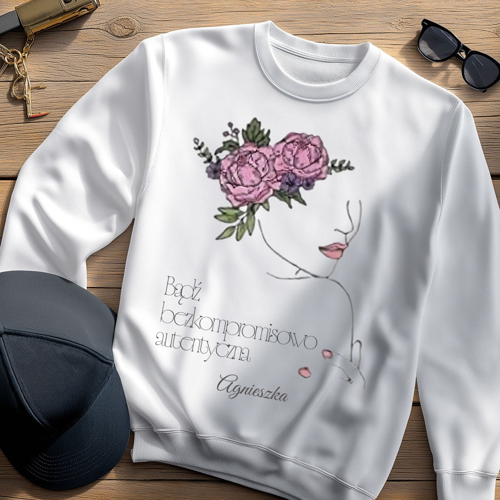 Personalizowana Bluza "Bezkompromisowo Autentyczna" – Twoje Imię, Minimalistyczny Design Line Art, Wyjątkowy Prezent dla Niej