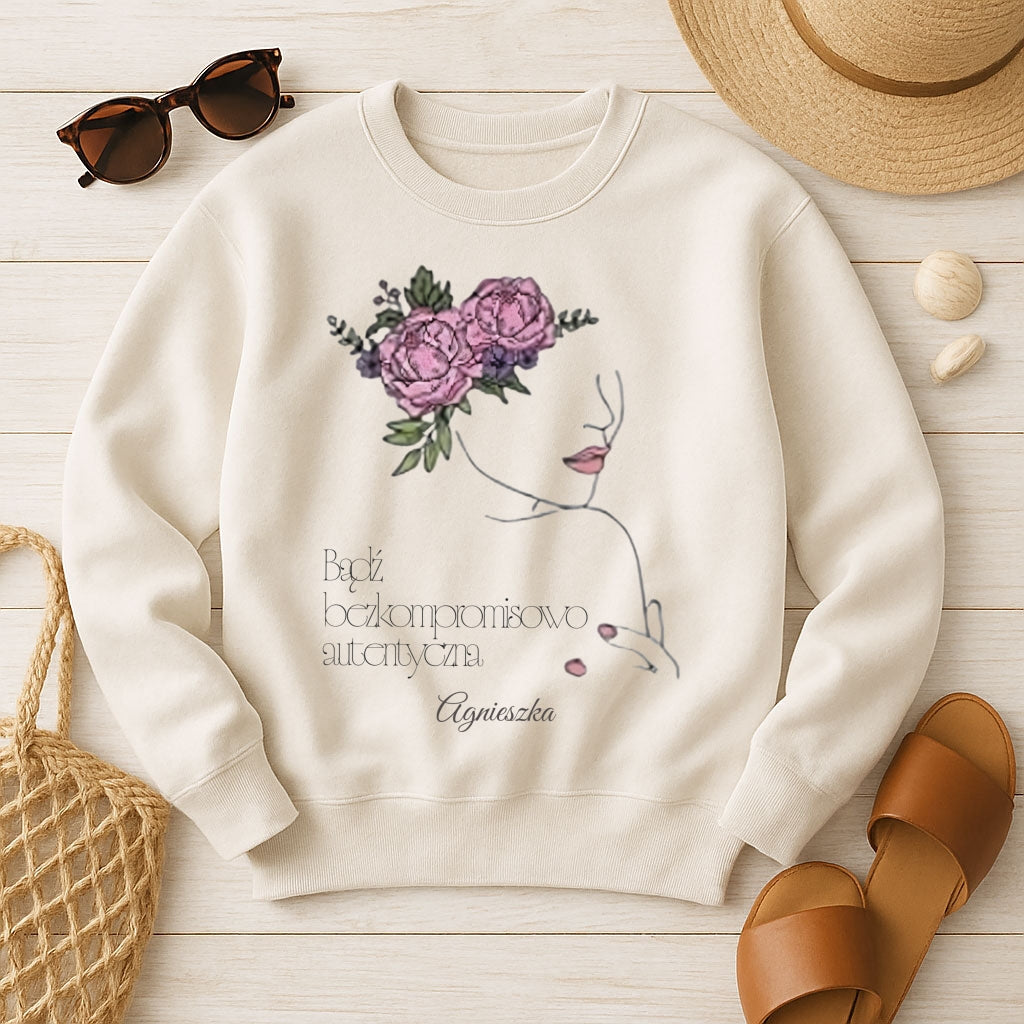 Personalizowana Bluza "Bezkompromisowo Autentyczna" – Twoje Imię, Minimalistyczny Design Line Art, Wyjątkowy Prezent dla Niej