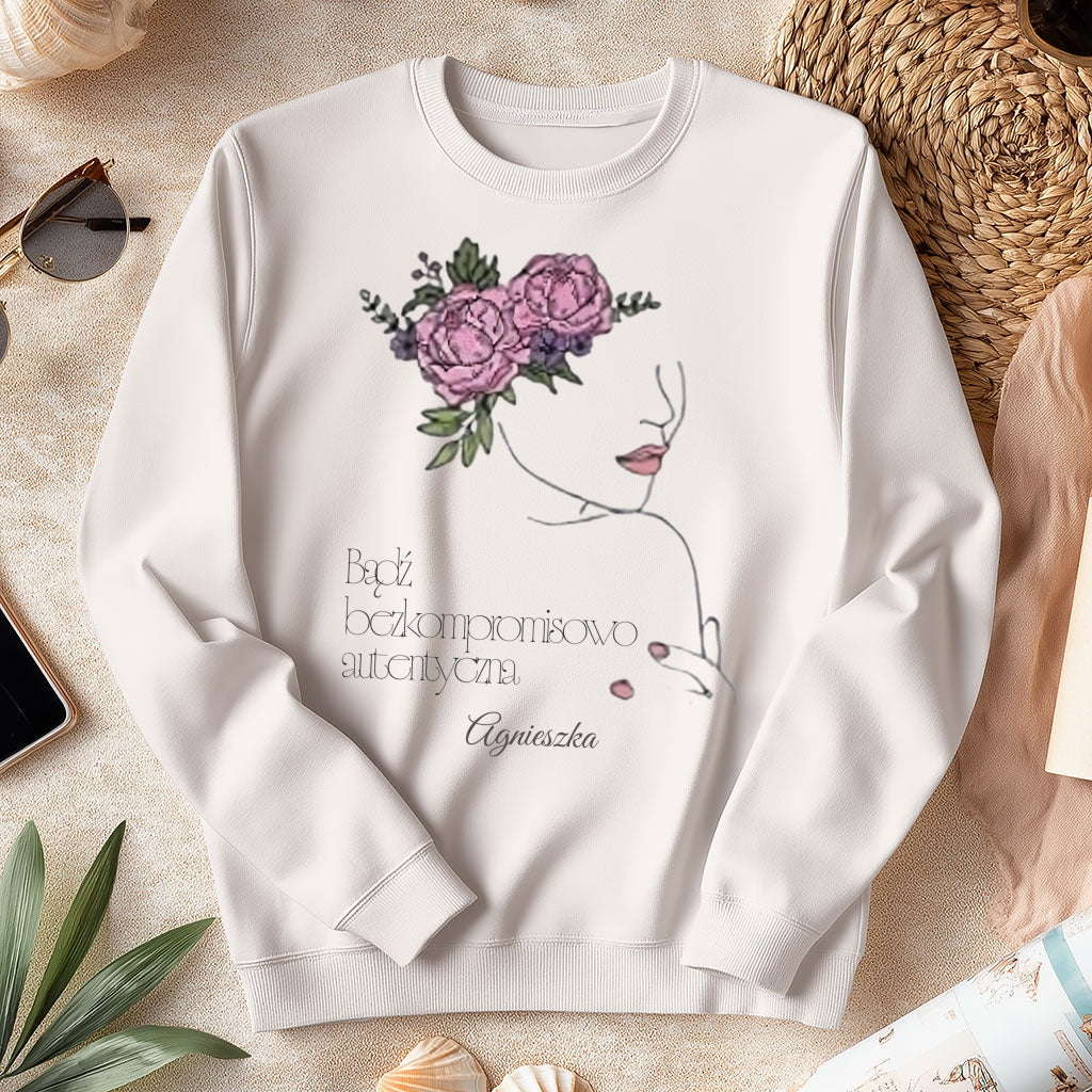 Personalizowana Bluza "Bezkompromisowo Autentyczna" – Twoje Imię, Minimalistyczny Design Line Art, Wyjątkowy Prezent dla Niej