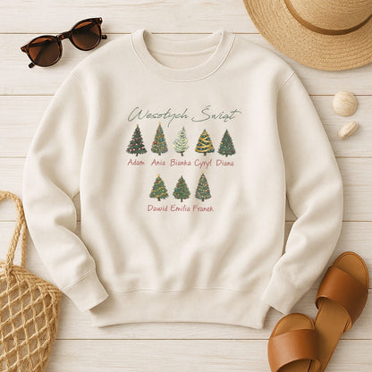 Personalizowana Bluza Świąteczna z Imionami Rodziny i Choinkami – Magiczny Prezent na Boże Narodzenie