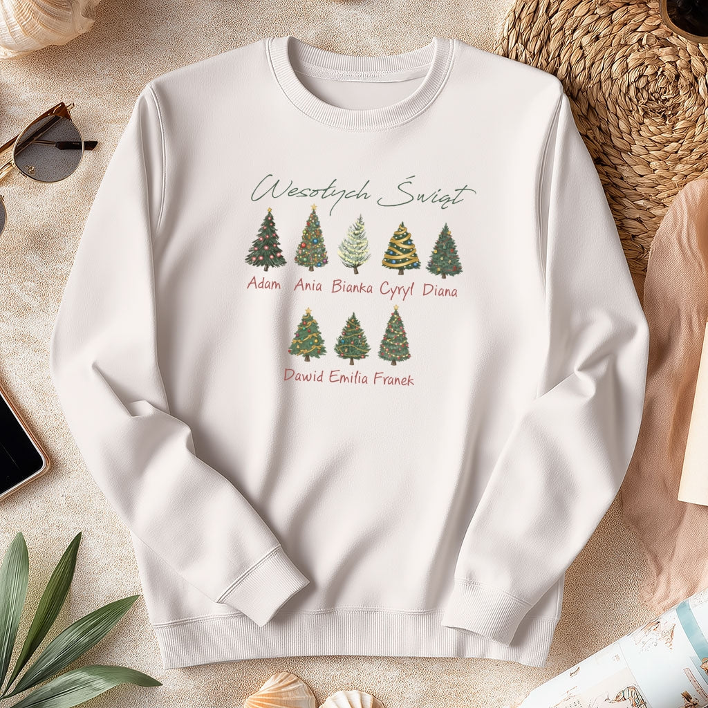 Personalizowana Bluza Świąteczna z Imionami Rodziny i Choinkami – Magiczny Prezent na Boże Narodzenie