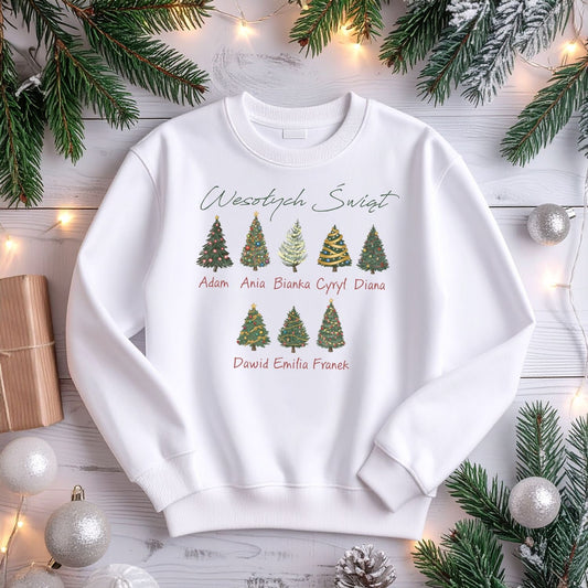 Personalizowana Bluza Świąteczna z Imionami Rodziny i Choinkami – Magiczny Prezent na Boże Narodzenie