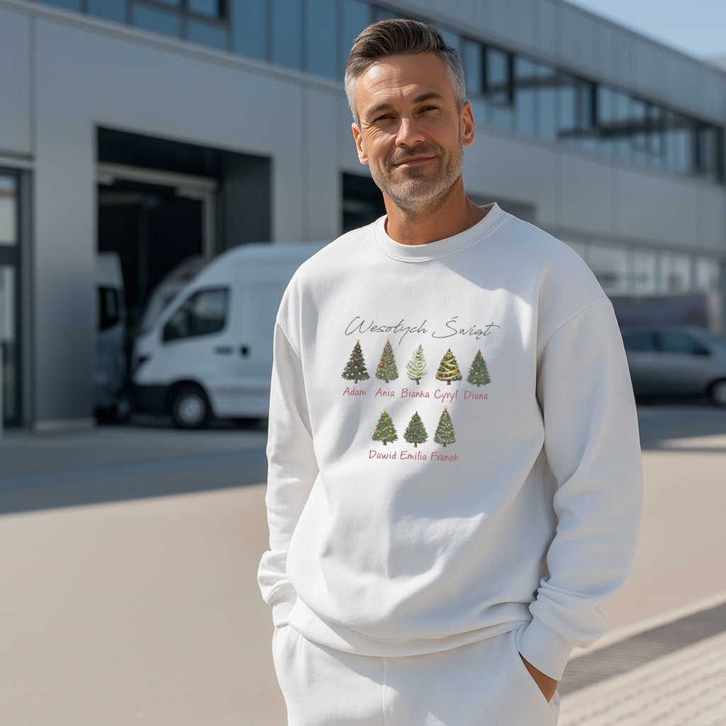 Personalizowana Bluza Świąteczna z Imionami Rodziny i Choinkami – Magiczny Prezent na Boże Narodzenie