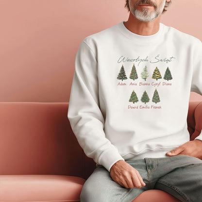 Personalizowana Bluza Świąteczna z Imionami Rodziny i Choinkami – Magiczny Prezent na Boże Narodzenie