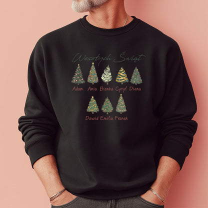 Personalizowana Bluza Świąteczna z Imionami Rodziny i Choinkami – Magiczny Prezent na Boże Narodzenie