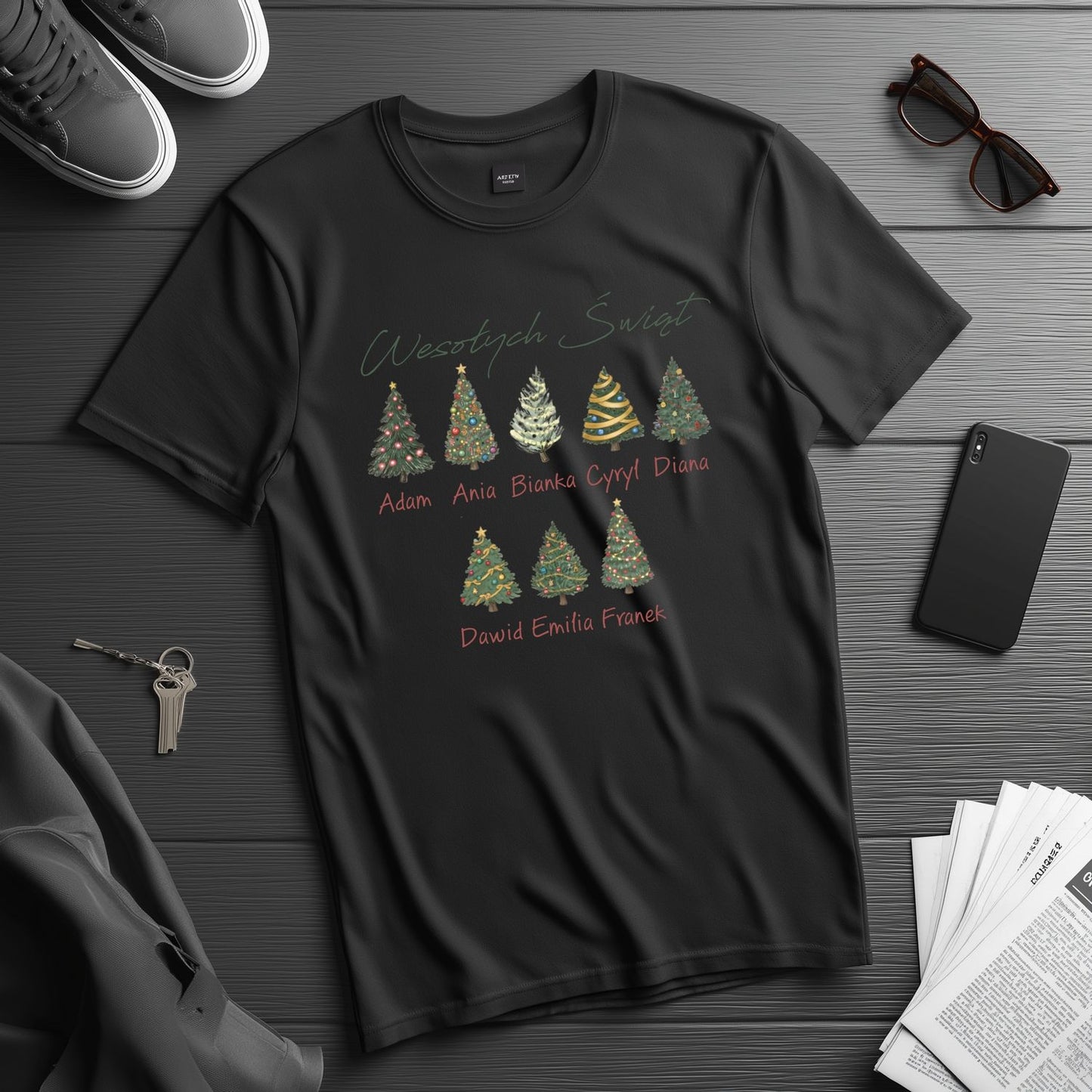 Personalizowana Bluza Świąteczna z Imionami Rodziny i Choinkami – Magiczny Prezent na Boże Narodzenie