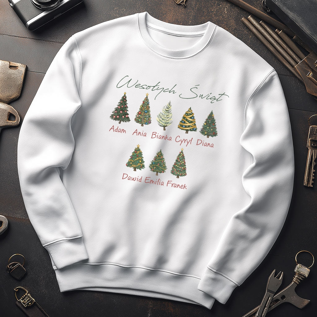 Personalizowana Bluza Świąteczna z Imionami Rodziny i Choinkami – Magiczny Prezent na Boże Narodzenie
