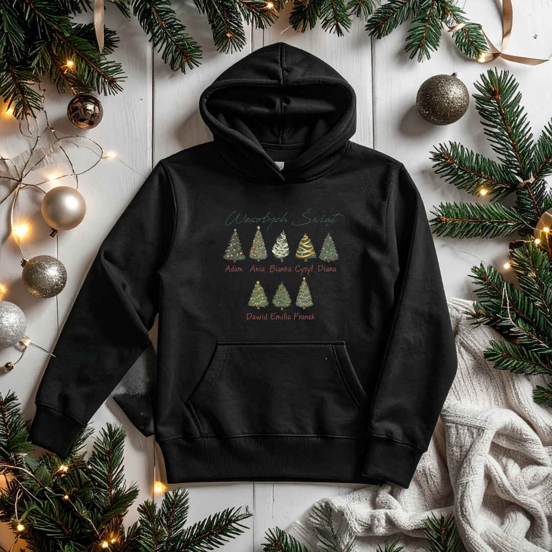 Personalizowana Bluza Świąteczna z Imionami Rodziny i Choinkami – Magiczny Prezent na Boże Narodzenie