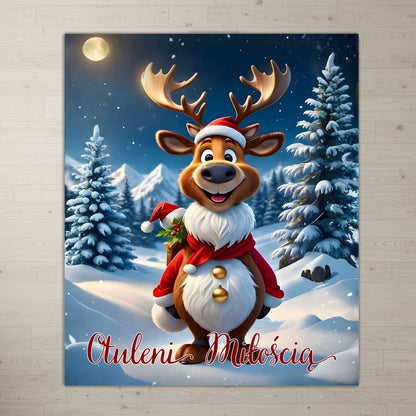 Personalizowany Koc Świąteczny „Otuleni Miłością” - Prezent Bożonarodzeniowy, Koc Polar lub Sherpa, Ciepły Koc z Reniferem, Personalizowany Prezent dla Rodziny