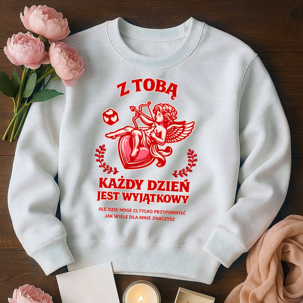 Bluza na Walentynki dla Par – z Tobą Każdy Dzień Jest Wyjątkowy, Prezent z Amorkiem