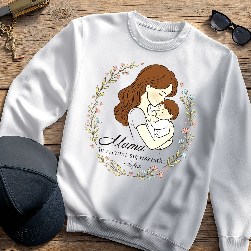 Personalizowana koszulka dla Mamy „Mama – Tu zaczyna się wszystko” z imieniem – prezent na Dzień Matki