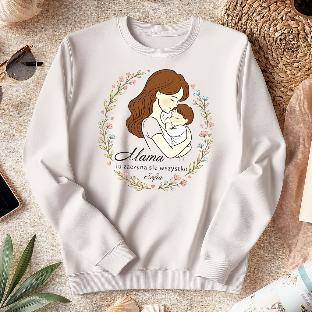 Personalizowana koszulka dla Mamy „Mama – Tu zaczyna się wszystko” z imieniem – prezent na Dzień Matki