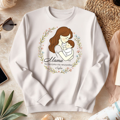 Personalizowana koszulka dla Mamy „Mama – Tu zaczyna się wszystko” z imieniem – prezent na Dzień Matki