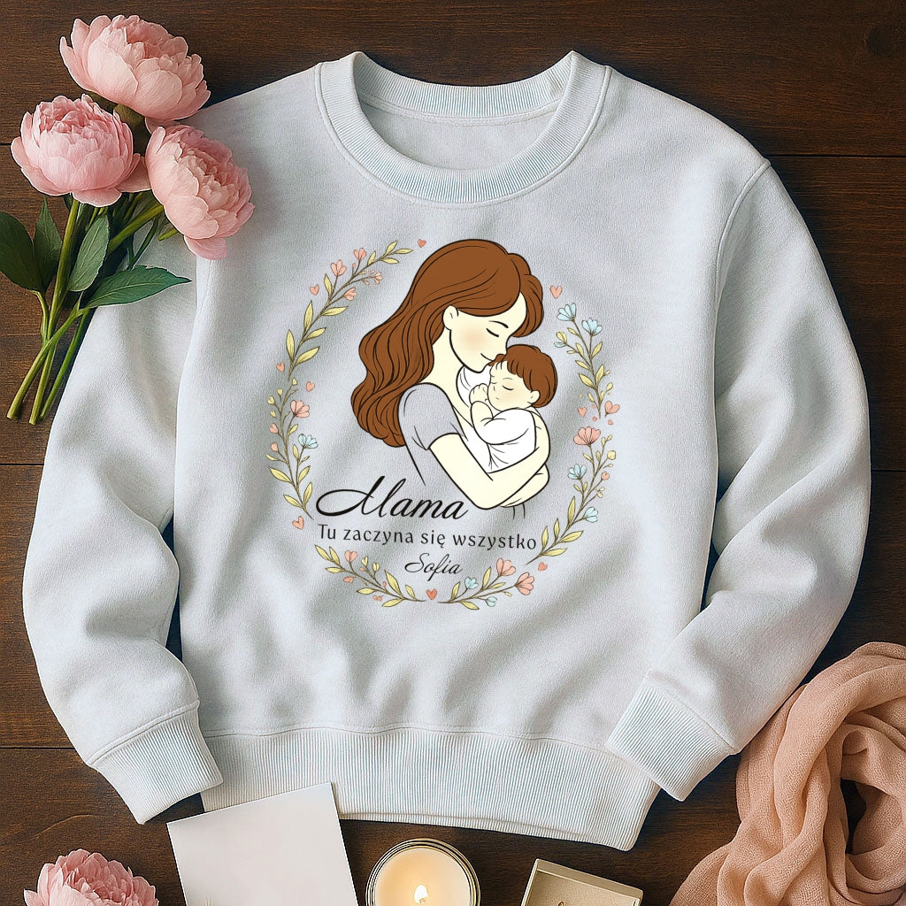 Personalizowana koszulka dla Mamy „Mama – Tu zaczyna się wszystko” z imieniem – prezent na Dzień Matki