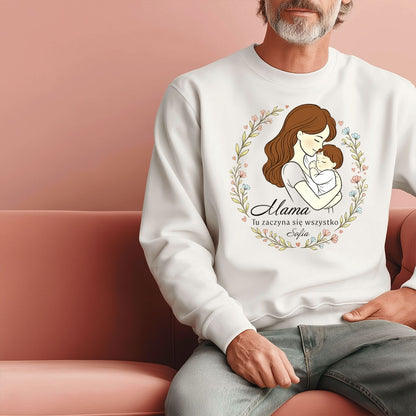 Personalizowana koszulka dla Mamy „Mama – Tu zaczyna się wszystko” z imieniem – prezent na Dzień Matki