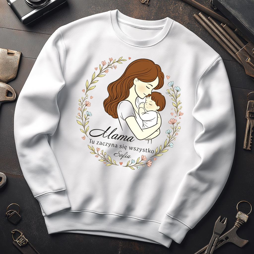 Personalizowana koszulka dla Mamy „Mama – Tu zaczyna się wszystko” z imieniem – prezent na Dzień Matki