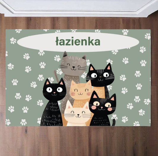Mata łazienkowa z kotami i napisem, Personalizowany dywanik „łazienka” lub imię, Idealna do domu i dla dzieci