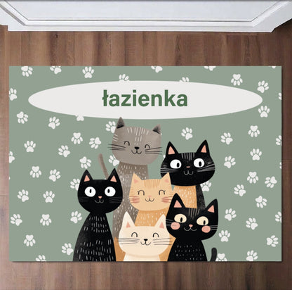 Mata łazienkowa z kotami i napisem, Personalizowany dywanik „łazienka” lub imię, Idealna do domu i dla dzieci