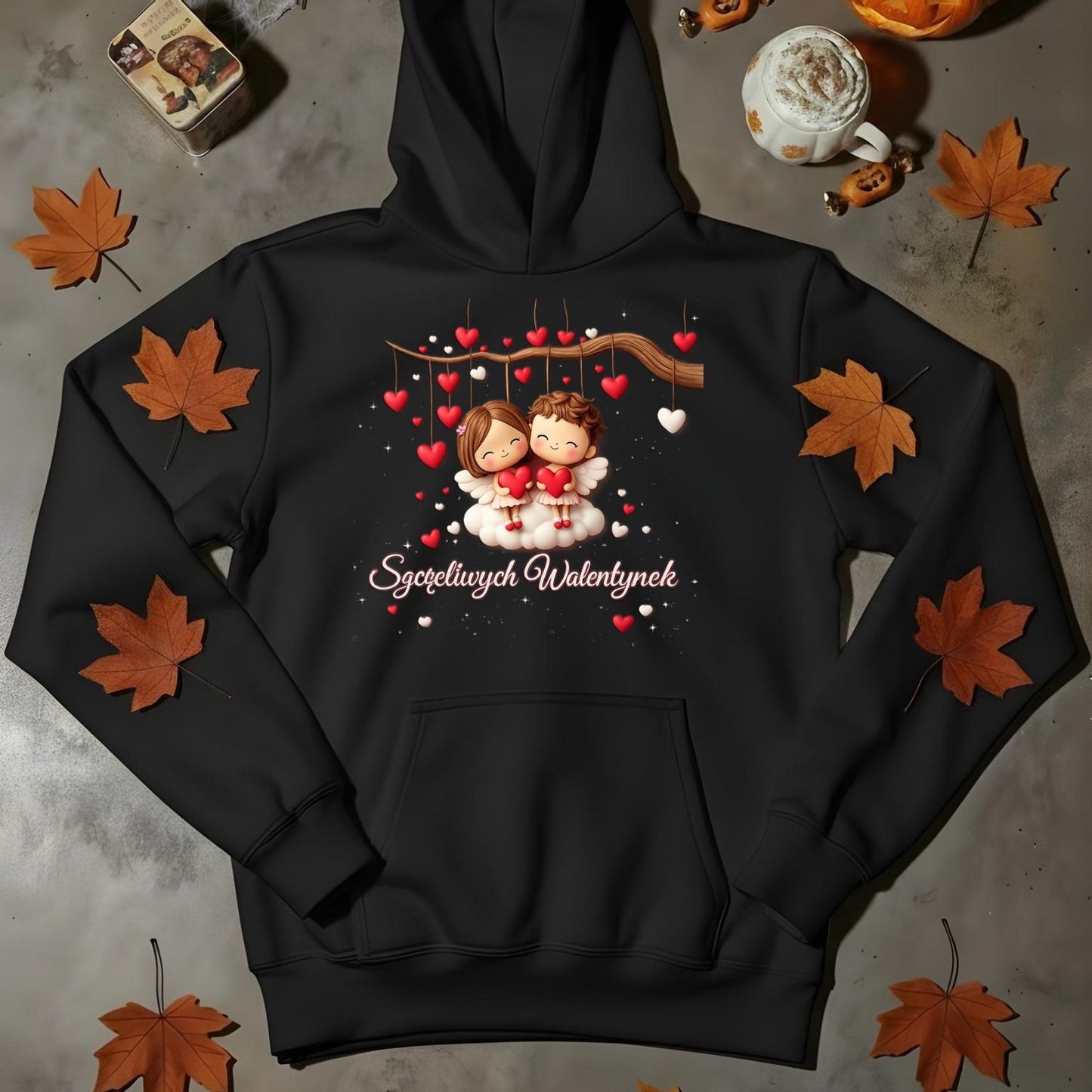 Szczęśliwe Walentynki – romantyczny wzór z zakochaną parą i sercami, Prezent na Walentynki dla niej i dla niego