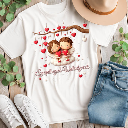 Szczęśliwe Walentynki – romantyczny wzór z zakochaną parą i sercami, Prezent na Walentynki dla niej i dla niego