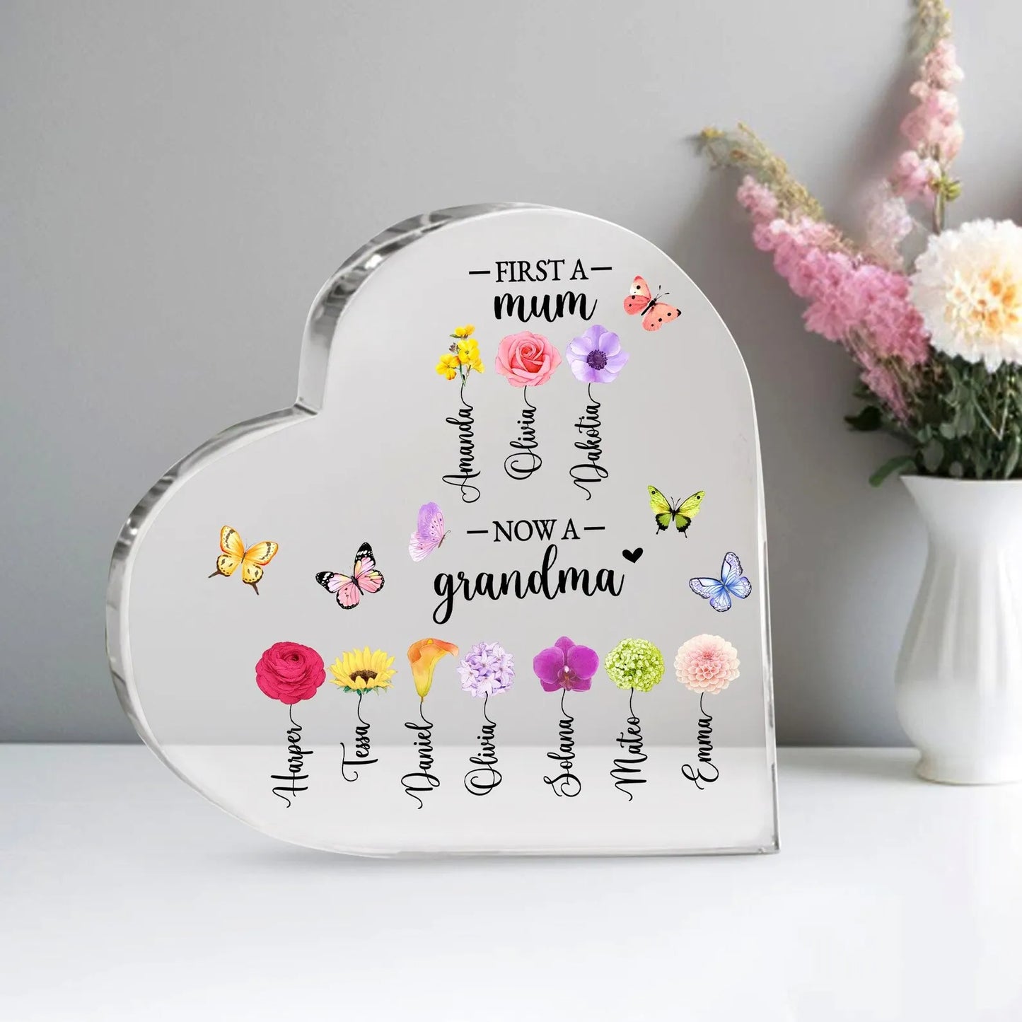 Spersonalizowany prezent w kształcie serca dla mamy lub babci z kwiatami