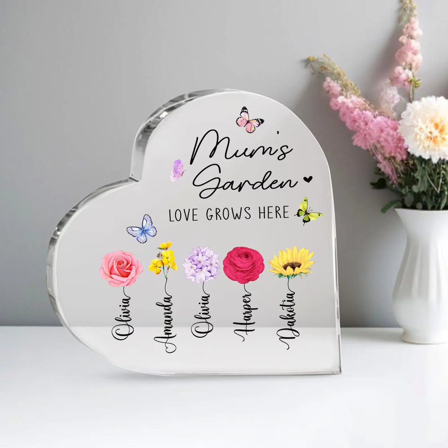 Spersonalizowany prezent w kształcie serca dla mamy lub babci z kwiatami