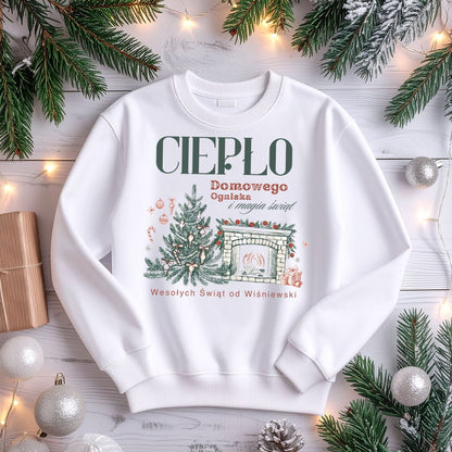 Personalizowana Bluza Świąteczna z Kominkiem i Choinką – Ciepło Domowego Ogniska