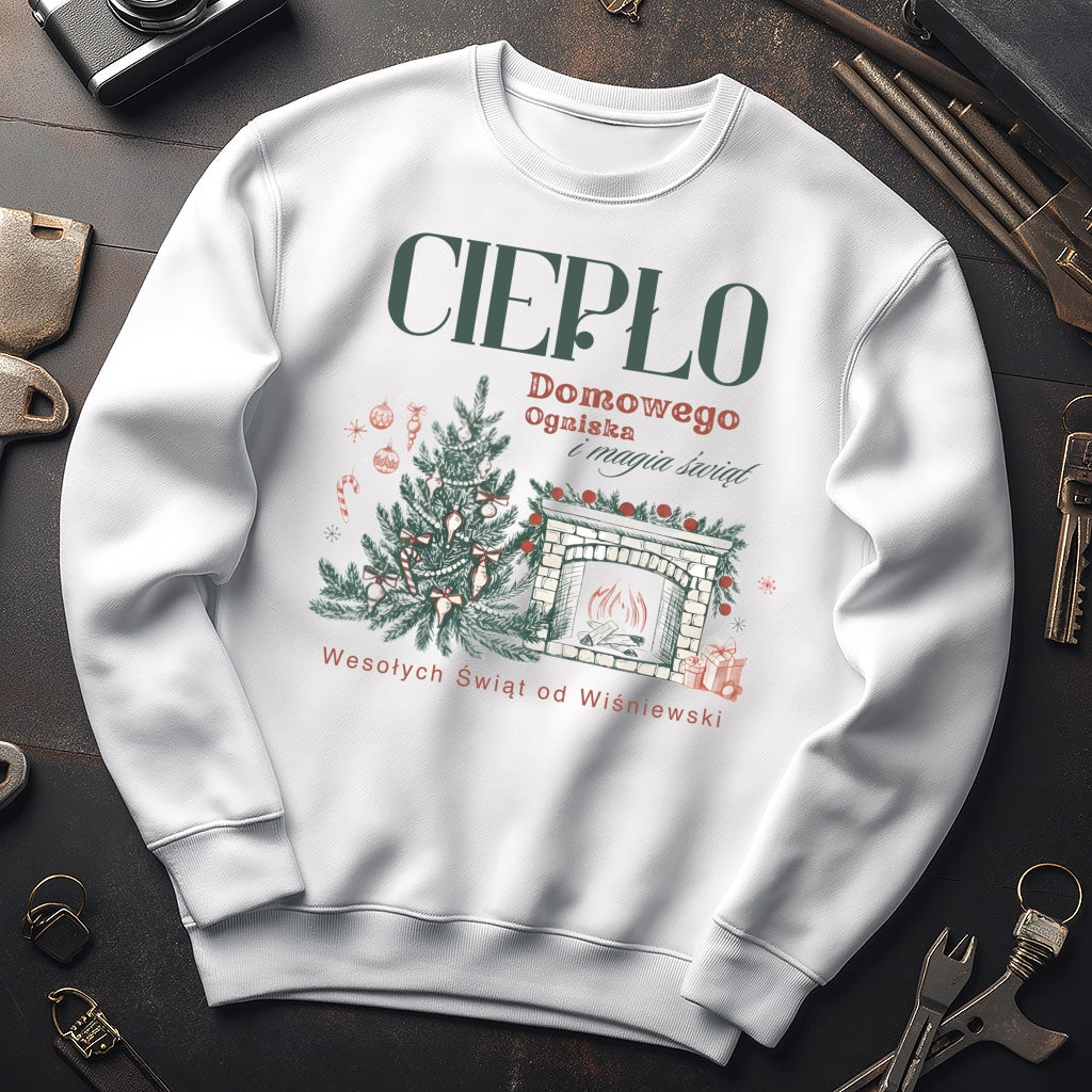 Personalizowana Bluza Świąteczna z Kominkiem i Choinką – Ciepło Domowego Ogniska