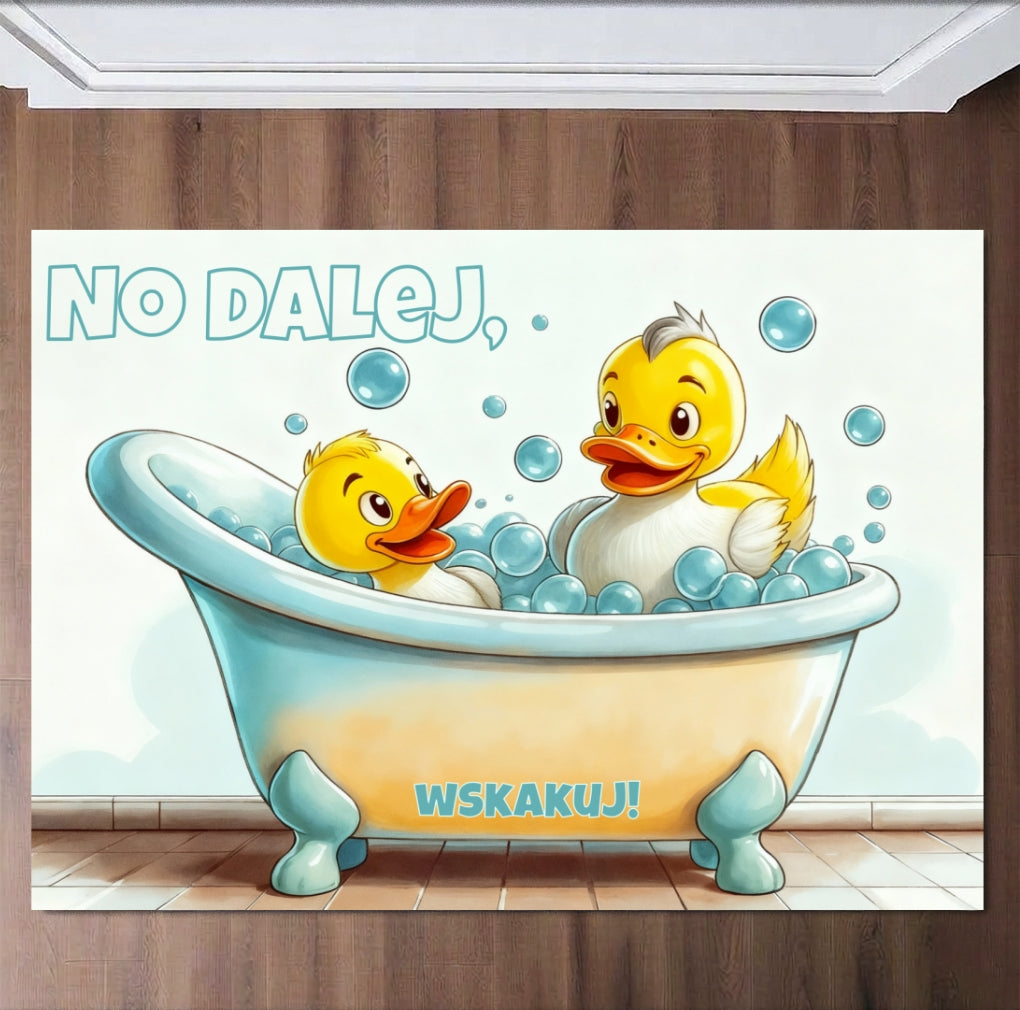Personalizowany dywanik łazienkowy z kaczuszkami 🛁 Mata „No dalej, wskakuj!” – śmieszny prezent dla dzieci i rodziny