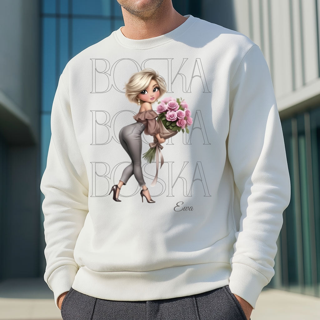 Personalizowana Bluza "BOSKA" – Twoje Imię, Wyjątkowy Prezent dla Niej, Stylowy Design z Kwiatami