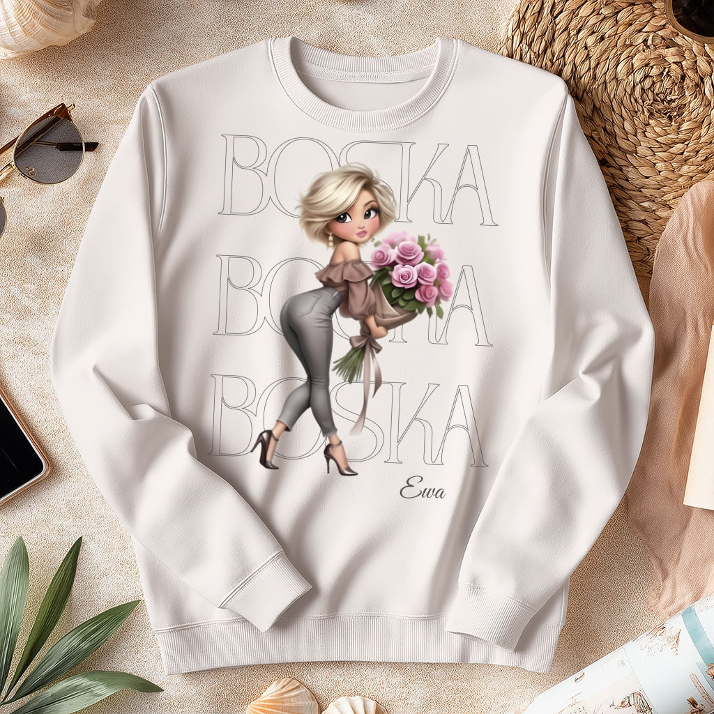 Personalizowana Bluza "BOSKA" – Twoje Imię, Wyjątkowy Prezent dla Niej, Stylowy Design z Kwiatami