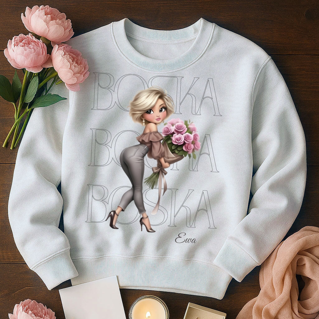 Personalizowana Bluza "BOSKA" – Twoje Imię, Wyjątkowy Prezent dla Niej, Stylowy Design z Kwiatami