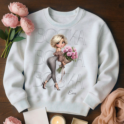 Personalizowana Bluza "BOSKA" – Twoje Imię, Wyjątkowy Prezent dla Niej, Stylowy Design z Kwiatami