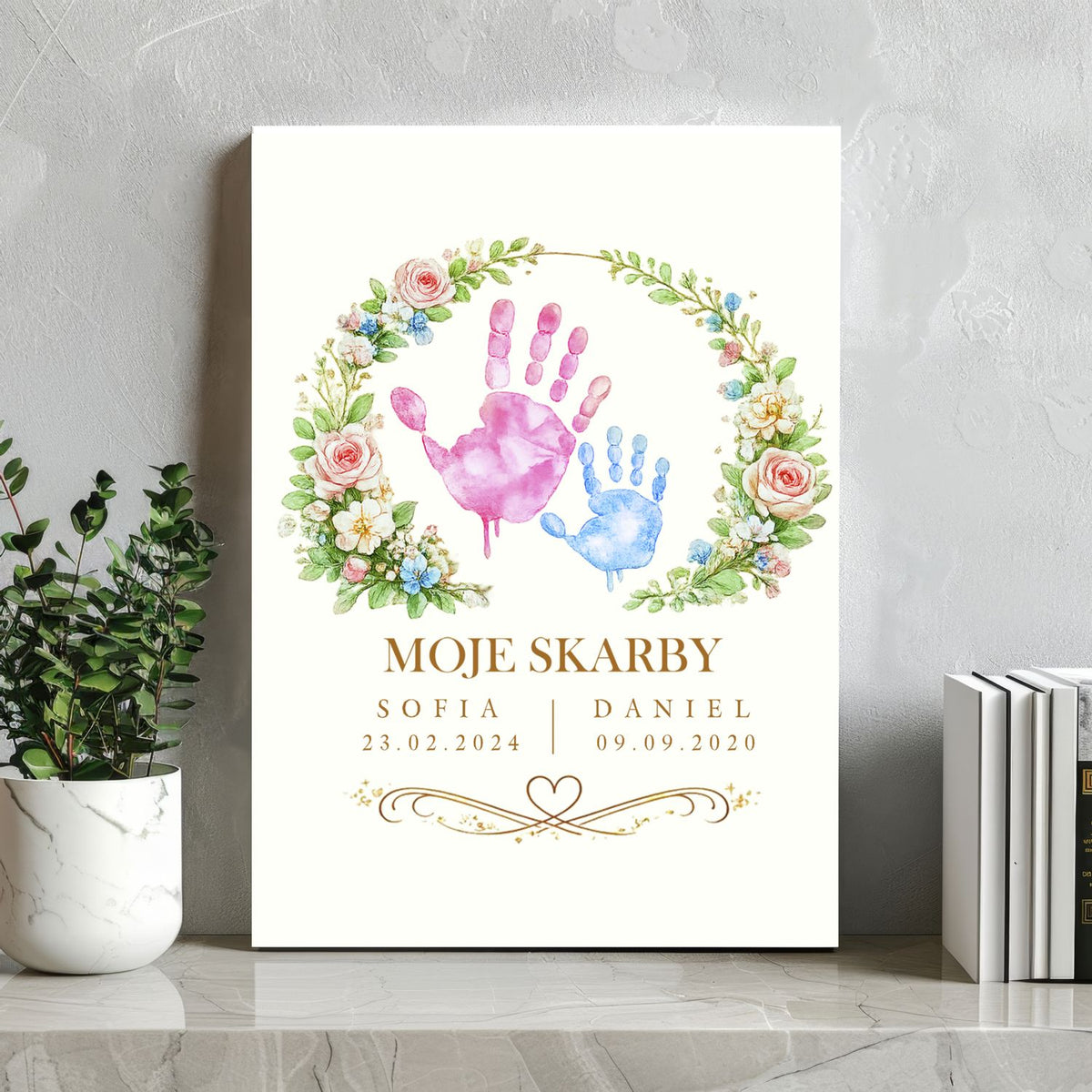 Personalizowany obraz na płótnie „Moje Skarby” z imionami dzieci – prezent na Dzień Matki – dekoracja ścienna dla Mamy