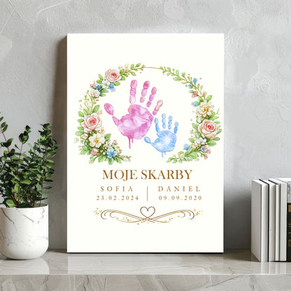 Personalizowany obraz na płótnie „Moje Skarby” z imionami dzieci – prezent na Dzień Matki – dekoracja ścienna dla Mamy