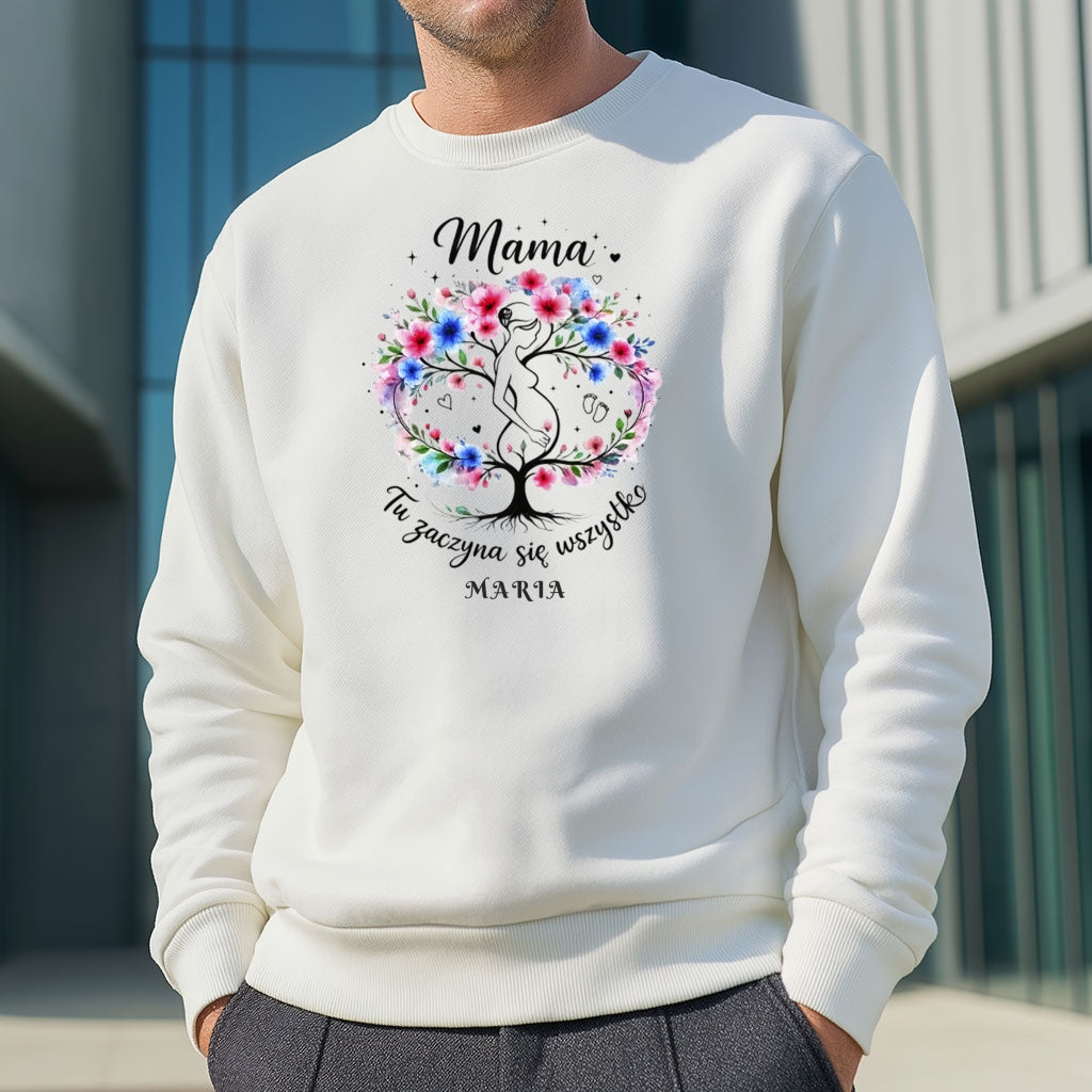 Personalizowana koszulka dla przyszłej Mamy „Mama – Tu zaczyna się wszystko” z imieniem – prezent dla kobiety w ciąży