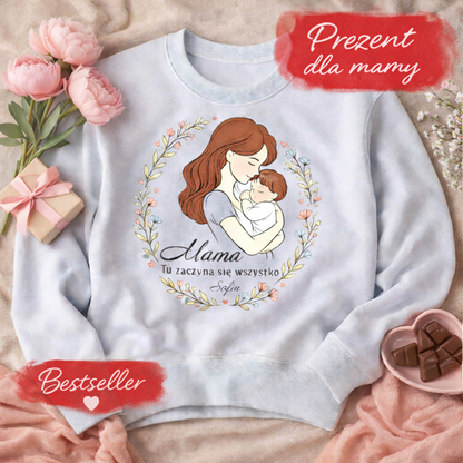 Personalizowana koszulka dla Mamy „Mama – Tu zaczyna się wszystko” z imieniem – prezent na Dzień Matki