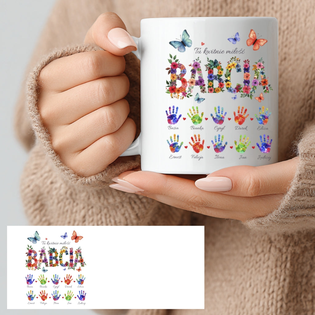 Kubek „Tu kwitnie miłość” dla Babci lub Dziadka - personalizowany z imionami