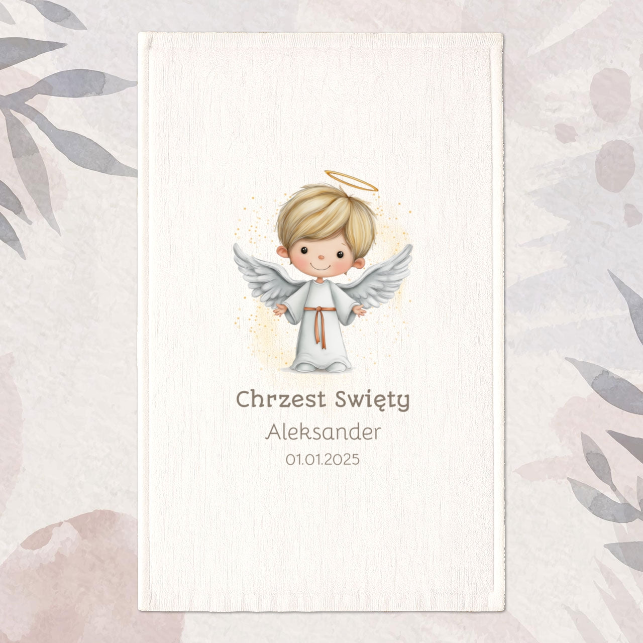 Personalizowany ręcznik na Chrzest z aniołkiem – imię i data