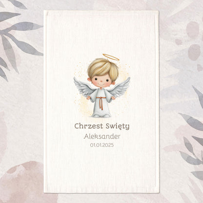 Personalizowany ręcznik na Chrzest z aniołkiem – imię i data